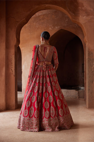 Red tarana lehenga set by Nitika Gujral at Mrs. G