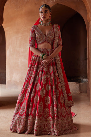 Red tarana lehenga set by Nitika Gujral at Mrs. G