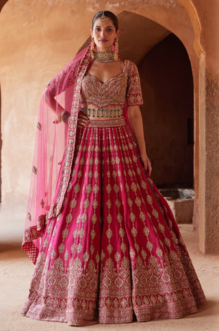 Pink tarana lehenga set with net dupatta by Nitika Gujral at Mrs. G