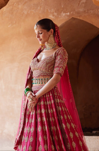 Pink tarana lehenga set with net dupatta by Nitika Gujral at Mrs. G