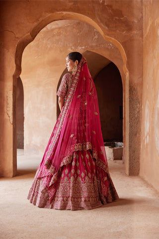 Pink tarana lehenga set with net dupatta by Nitika Gujral at Mrs. G