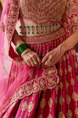 Pink tarana lehenga set with net dupatta by Nitika Gujral at Mrs. G