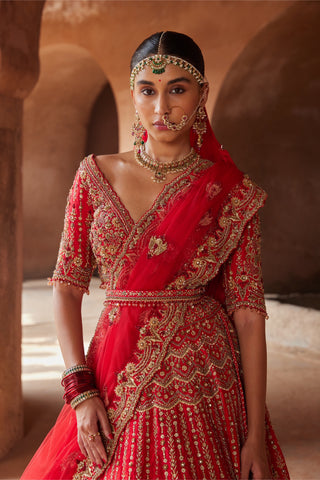 Red tarana silk lehenga set by Nitika Gujral at Mrs. G