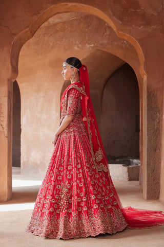 Red tarana silk lehenga set by Nitika Gujral at Mrs. G