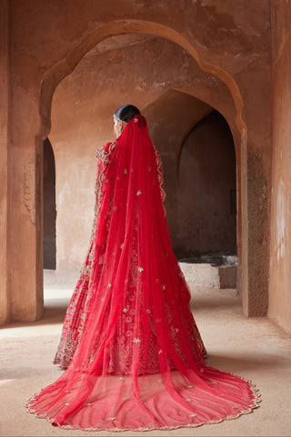 Red tarana silk lehenga set by Nitika Gujral at Mrs. G
