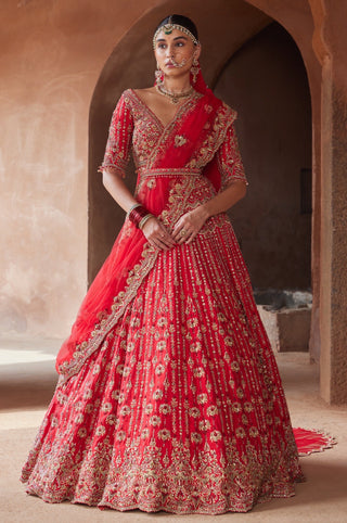 Red tarana silk lehenga set by Nitika Gujral at Mrs. G