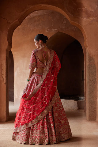 Red tarana ombre lehenga set by Nitika Gujral at Mrs. G