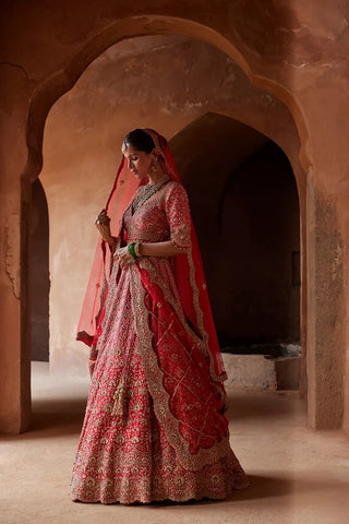 Red tarana ombre lehenga set by Nitika Gujral at Mrs. G