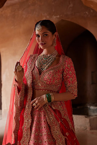 Red tarana ombre lehenga set by Nitika Gujral at Mrs. G