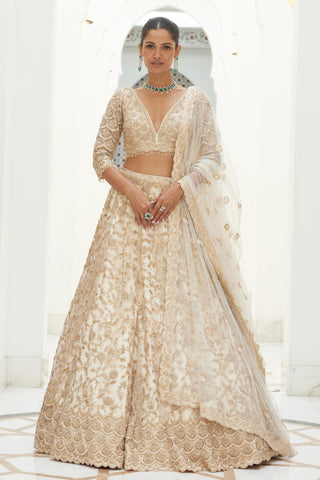 Net Embroidery Lehenga Set Indian Wedding – Beige by Nitika Gujral