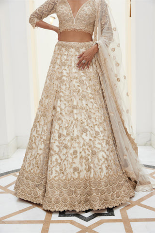 Net Embroidery Lehenga Set Indian Wedding – Beige by Nitika Gujral