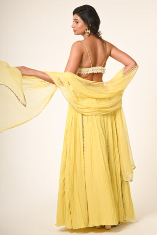 Yellow drop pearls blouse with lehanga