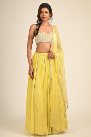 Yellow drop pearls blouse with lehanga