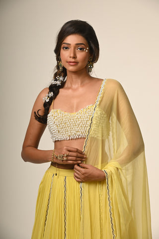 Yellow drop pearls blouse with lehanga