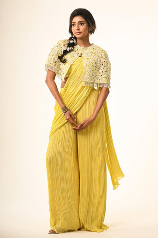 Yellow floral cutwork saree with cape