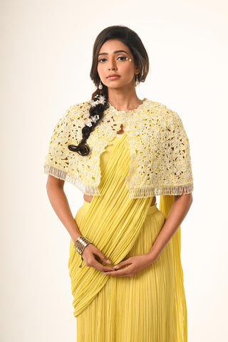 Yellow floral cutwork saree with cape