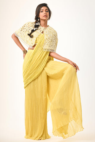 Yellow floral cutwork saree with cape