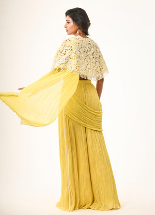 Yellow floral cutwork saree with cape