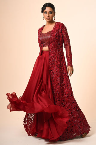 Red floral jacket with flared skirt