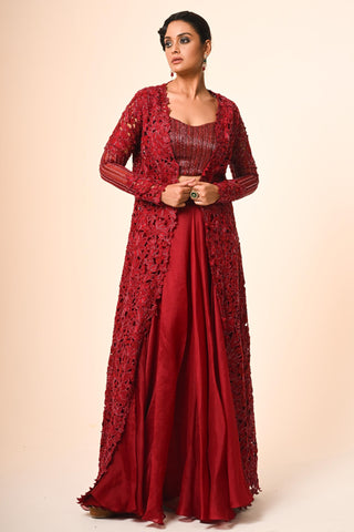 Red floral jacket with flared skirt