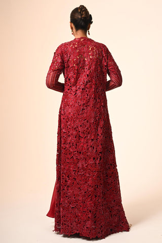 Red floral jacket with flared skirt