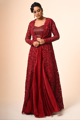 Red floral jacket with flared skirt