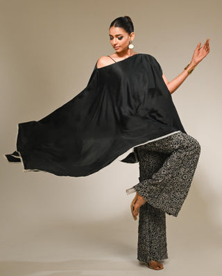 Black satin asymmetric kaftan set