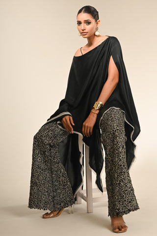 Black satin asymmetric kaftan set