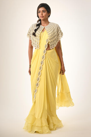 Yellow saree with cape