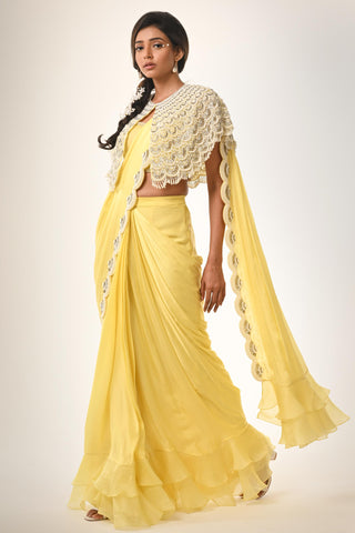 Yellow saree with cape