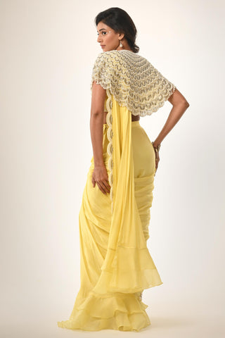 Yellow saree with cape