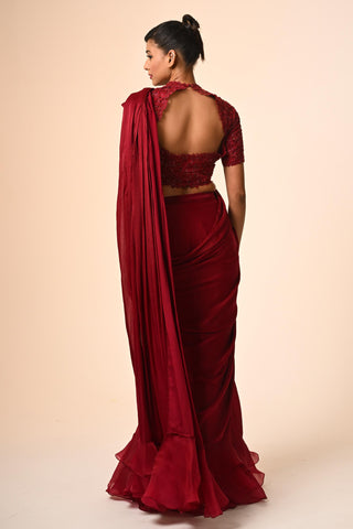 Red two Layered ruffle saree