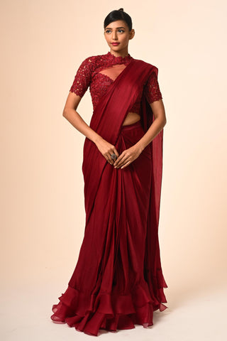 Red two Layered ruffle saree