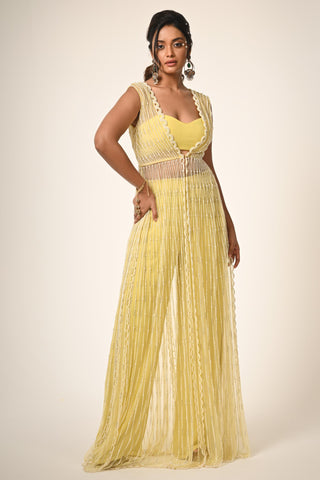 Yellow pearls embroidery cape with saree