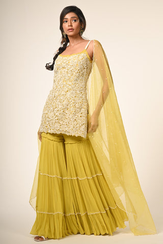Yellow floral cutwork sharara set