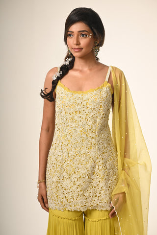 Yellow floral cutwork sharara set