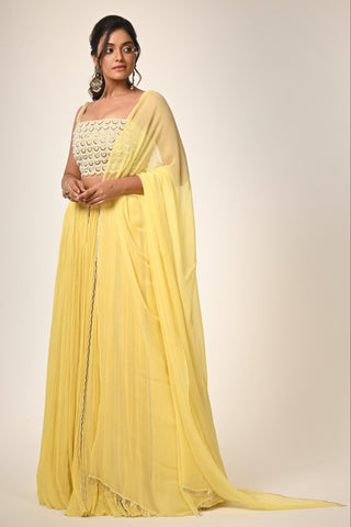 Yellow scallop embroidery blouse with lehenga