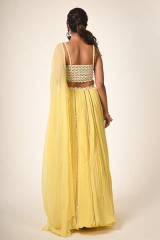 Yellow scallop embroidery blouse with lehenga