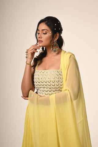 Yellow scallop embroidery blouse with lehenga