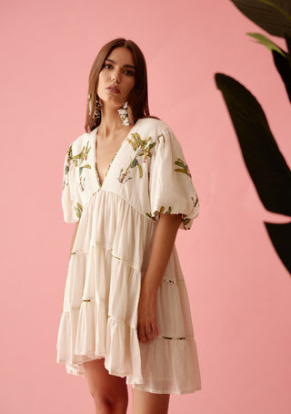 Cream bubble sleeves tier dress