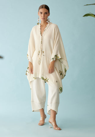 Cream hand-braided tassel kaftan top