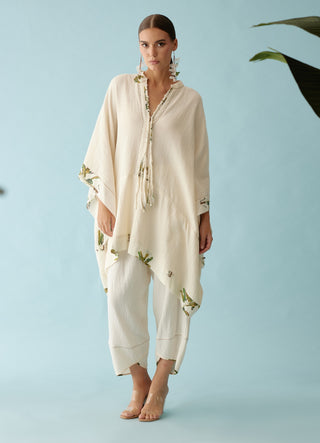 Cream hand-braided tassel kaftan top
