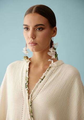 Cream hand-braided tassel kaftan top