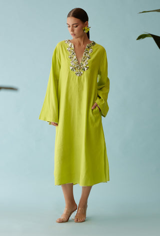 Lime green fabric ribbon embroidery flower kaftan XL Lime green fabric ribbon embroidery flower kaftan XL