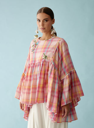 Pink madras checks frill top