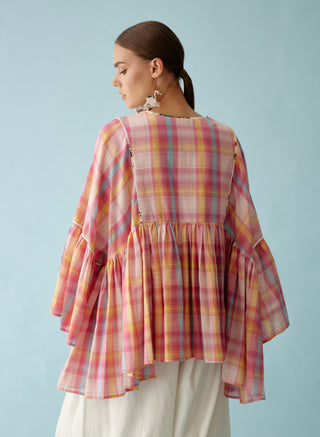 Pink madras checks frill top