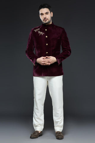 Wine velvet jodhpur jacket with dragonfly embroidery and ivory pant set