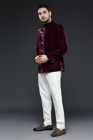 Wine velvet jodhpur jacket with dragonfly embroidery and ivory pant set