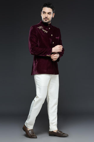 Wine velvet jodhpur jacket with dragonfly embroidery and ivory pant set