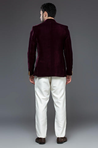 Wine velvet jodhpur jacket with dragonfly embroidery and ivory pant set